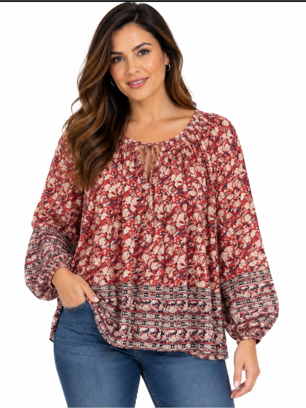 Lucky Brand L Red Floral Boho Peasant Blouse Balloon Sleeve Tie Neck Festival